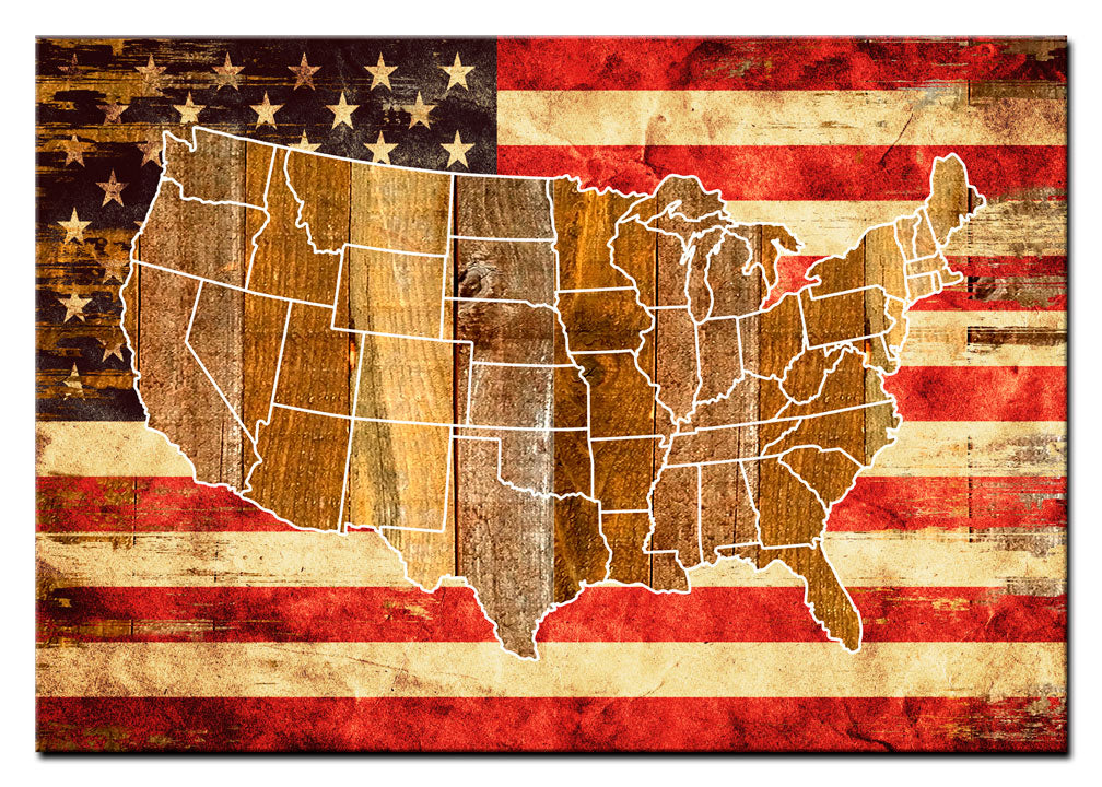 Usa Flag Map Printed On Wood Vintage Sign