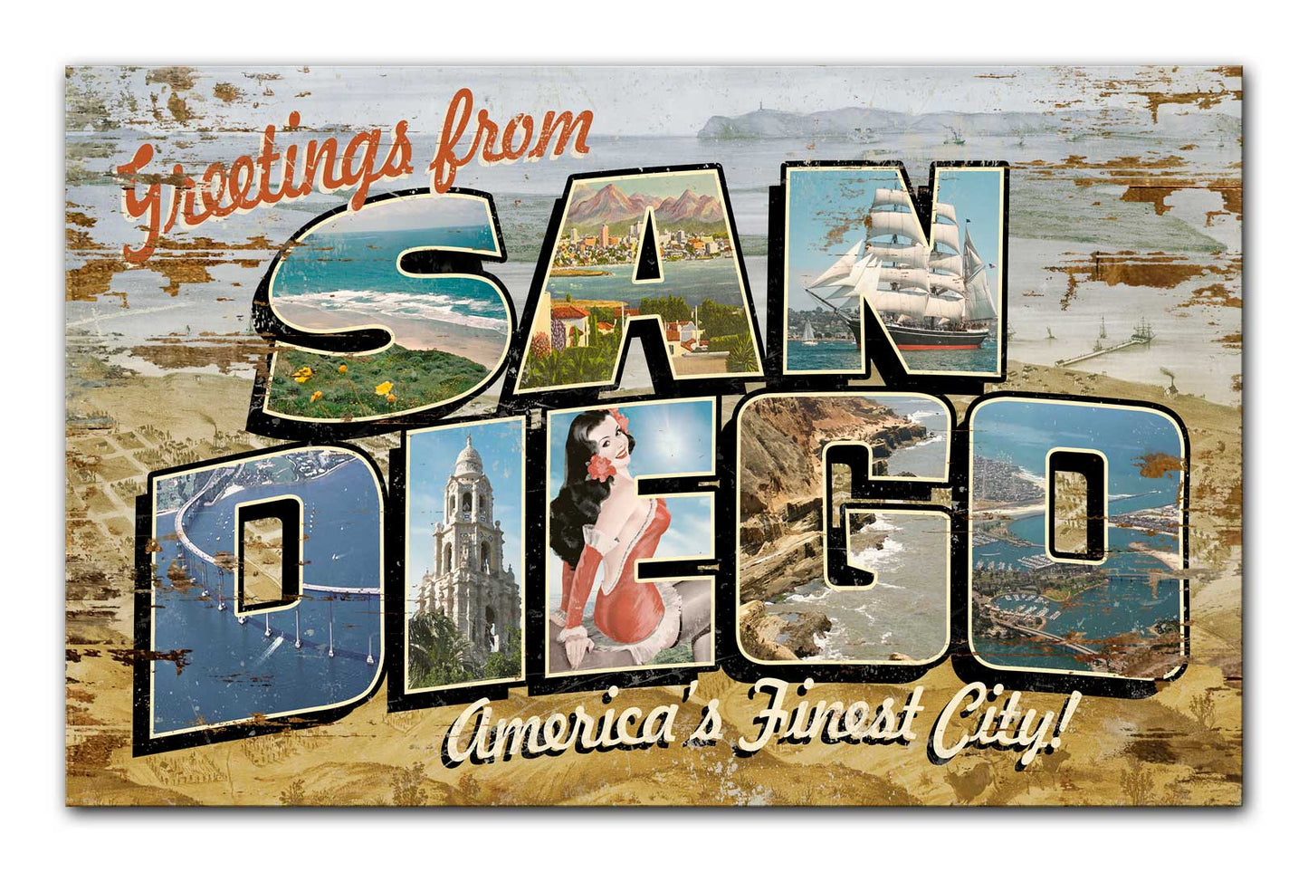 San Diego Postcard On Wood Print Vintage Sign