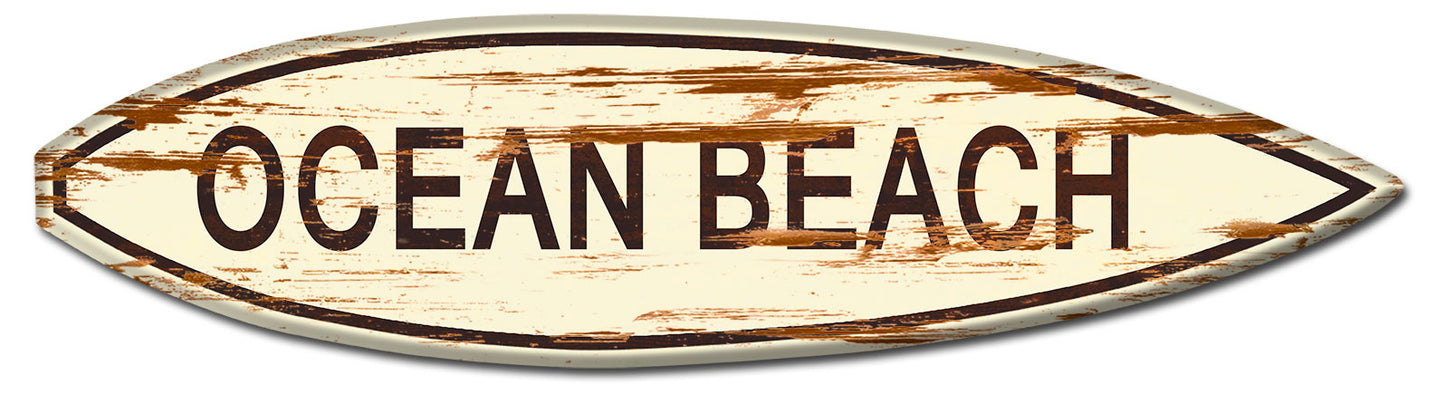 Ocean Beach Surf Board Wood Print Vintage Sign